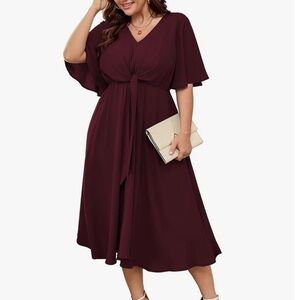 Women Midi Dresses Wedding Guest Short Sleeve Flowy A Line Dress Burgundy